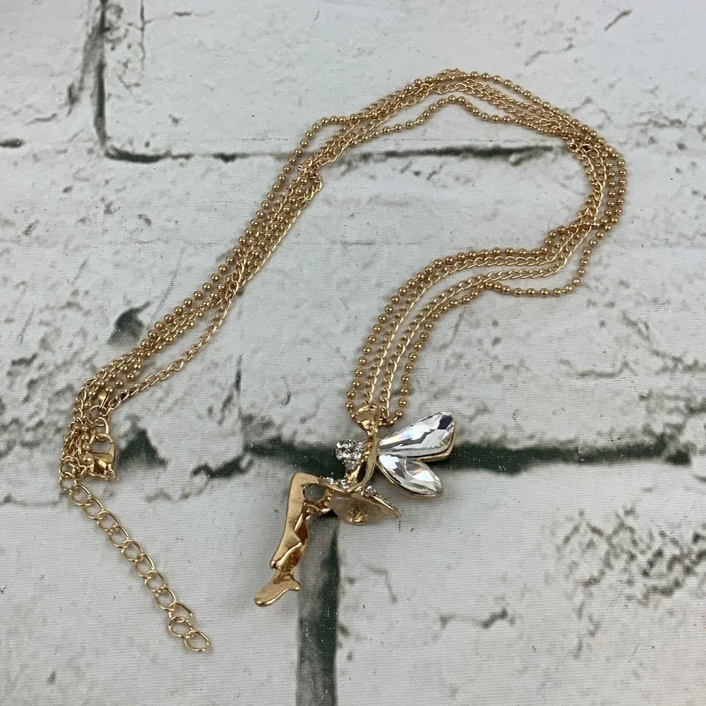 Fairy Pendant Necklace Extra Long Gold‎ Toned Chain Rhinestones Womens Fashion